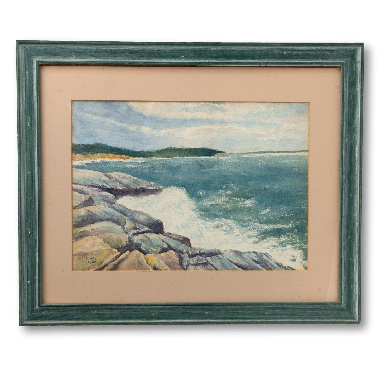 Watercolor Seascape in Green Frame