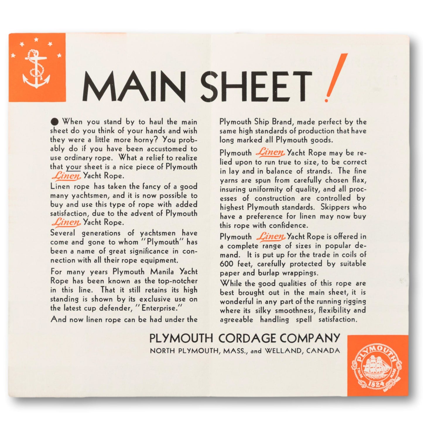 "Plymouth Linen Yacht Rope Ad" Brochure