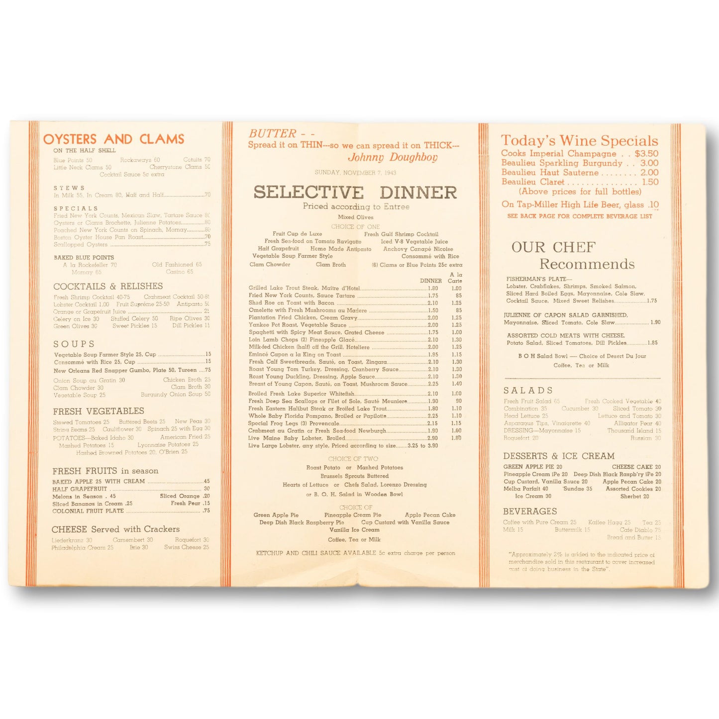 1940's Boston Oyster House Menu