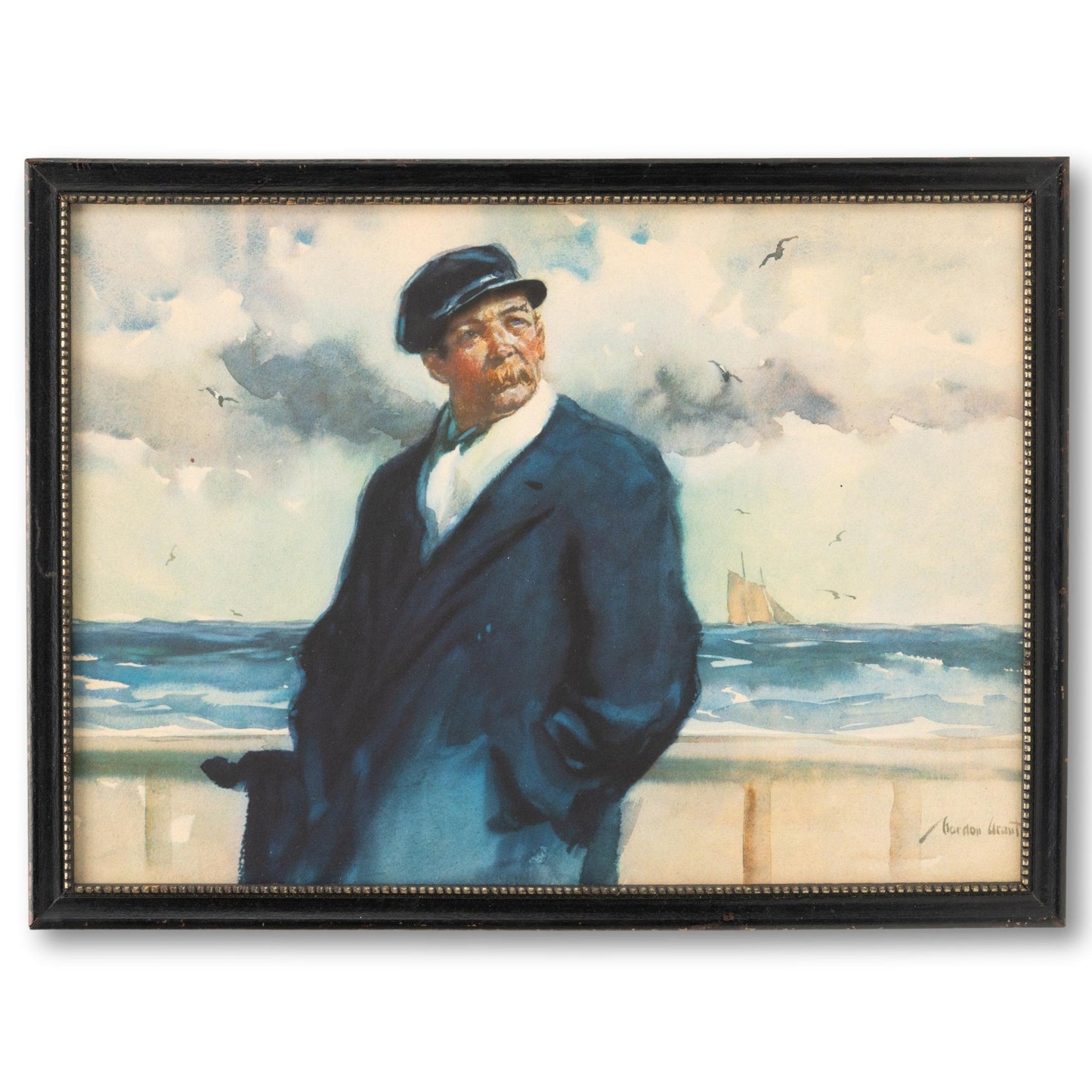 Navy Sailor Watercolor Print in Vintage Frame