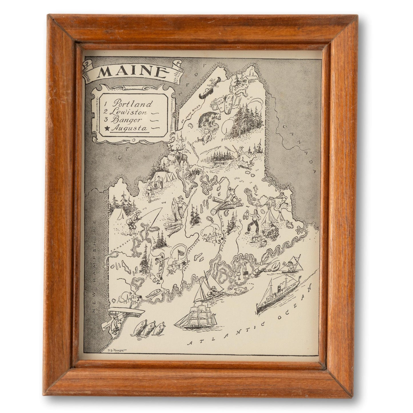 Framed Pictorial Maine Map