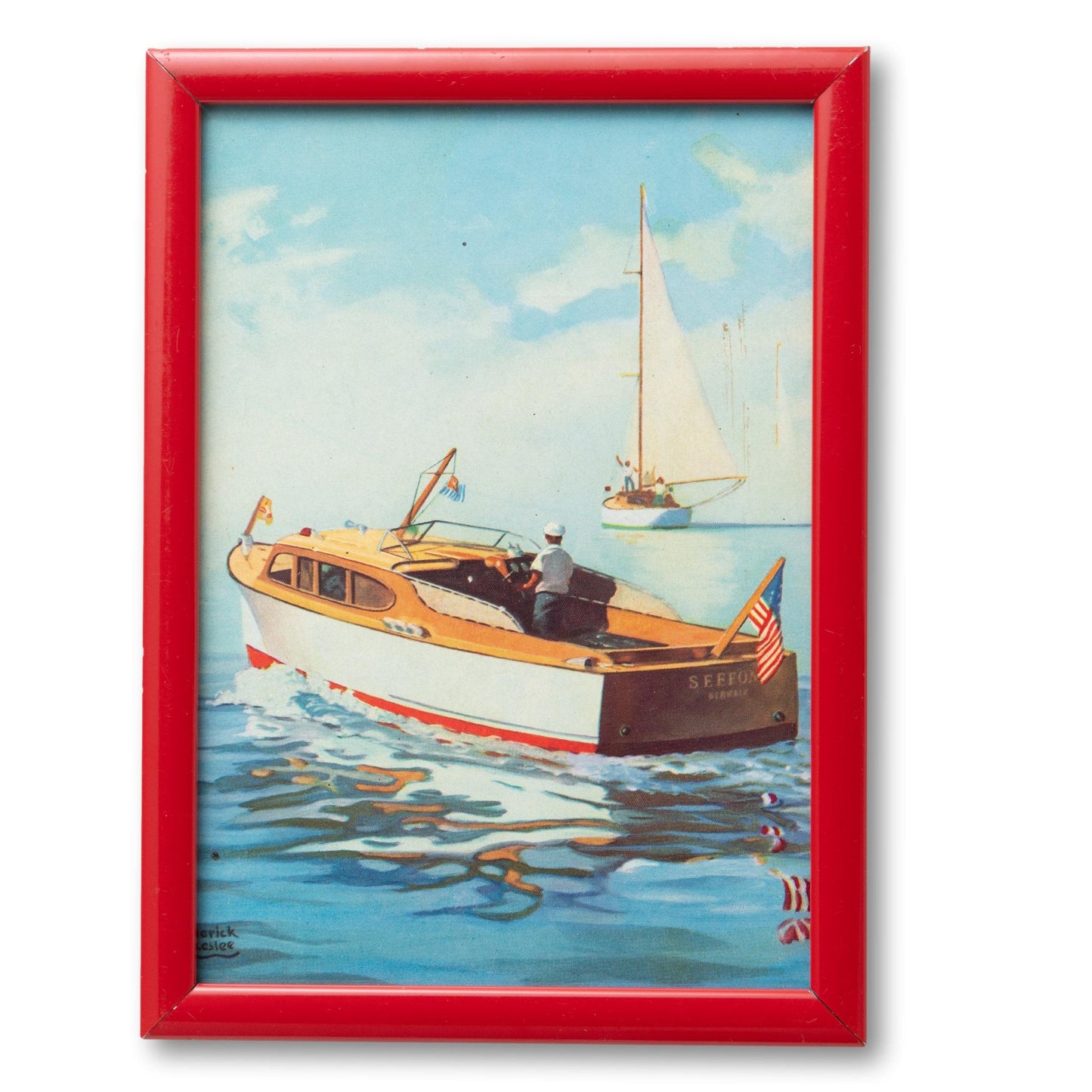 Wooden Boats Print in Red Frame