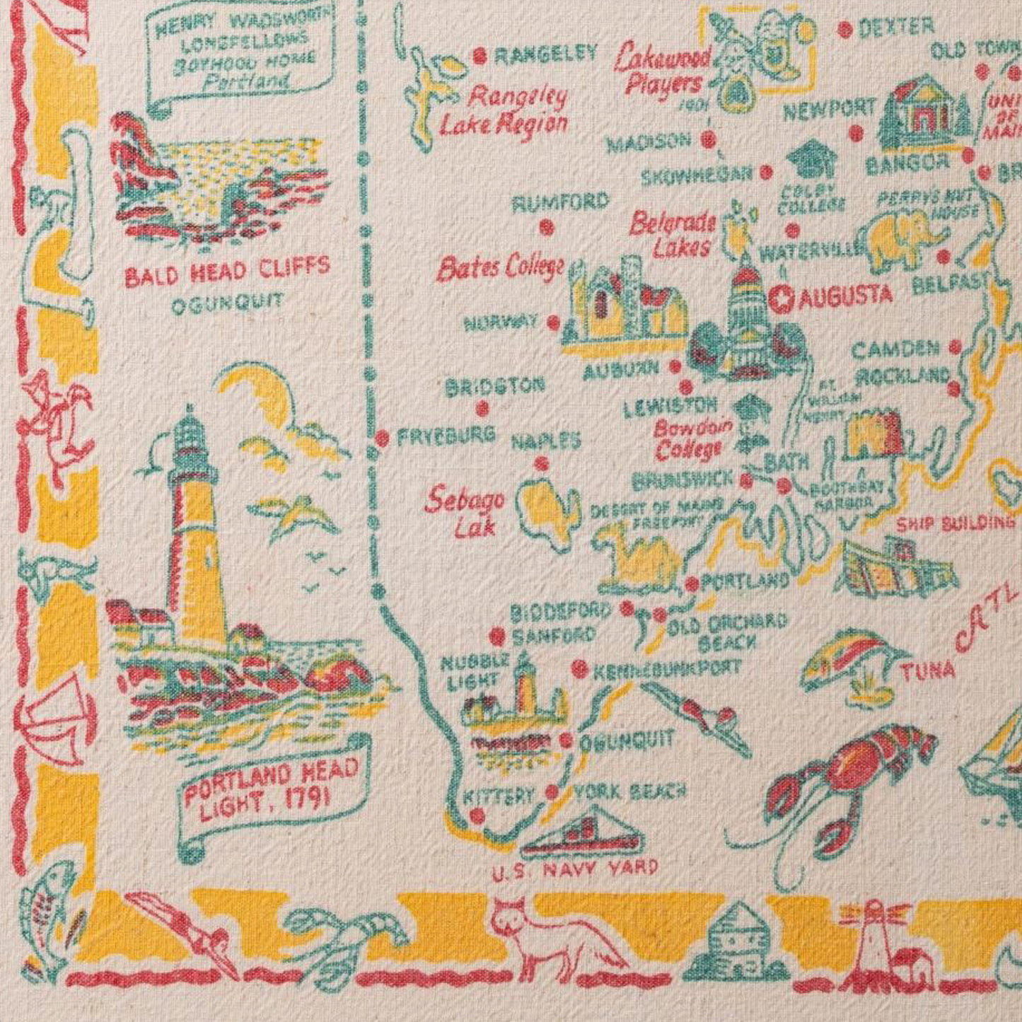 Large Framed Maine Map Tea Towel