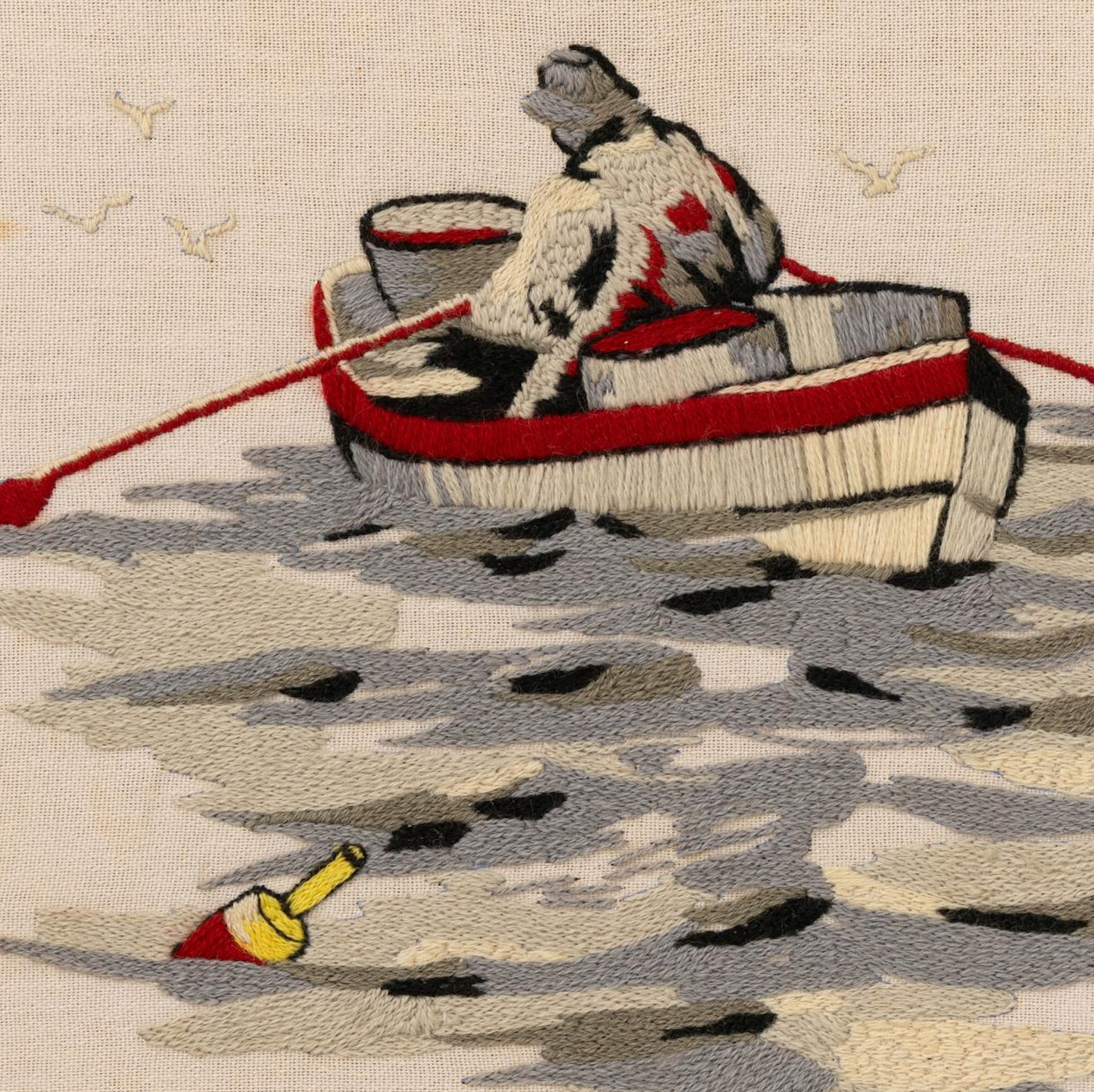 Large Needlework of Fisherman in Rowboat