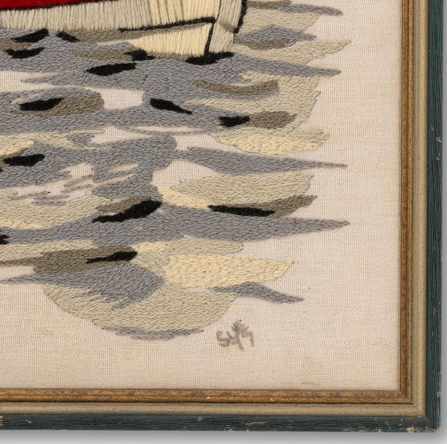 Large Needlework of Fisherman in Rowboat