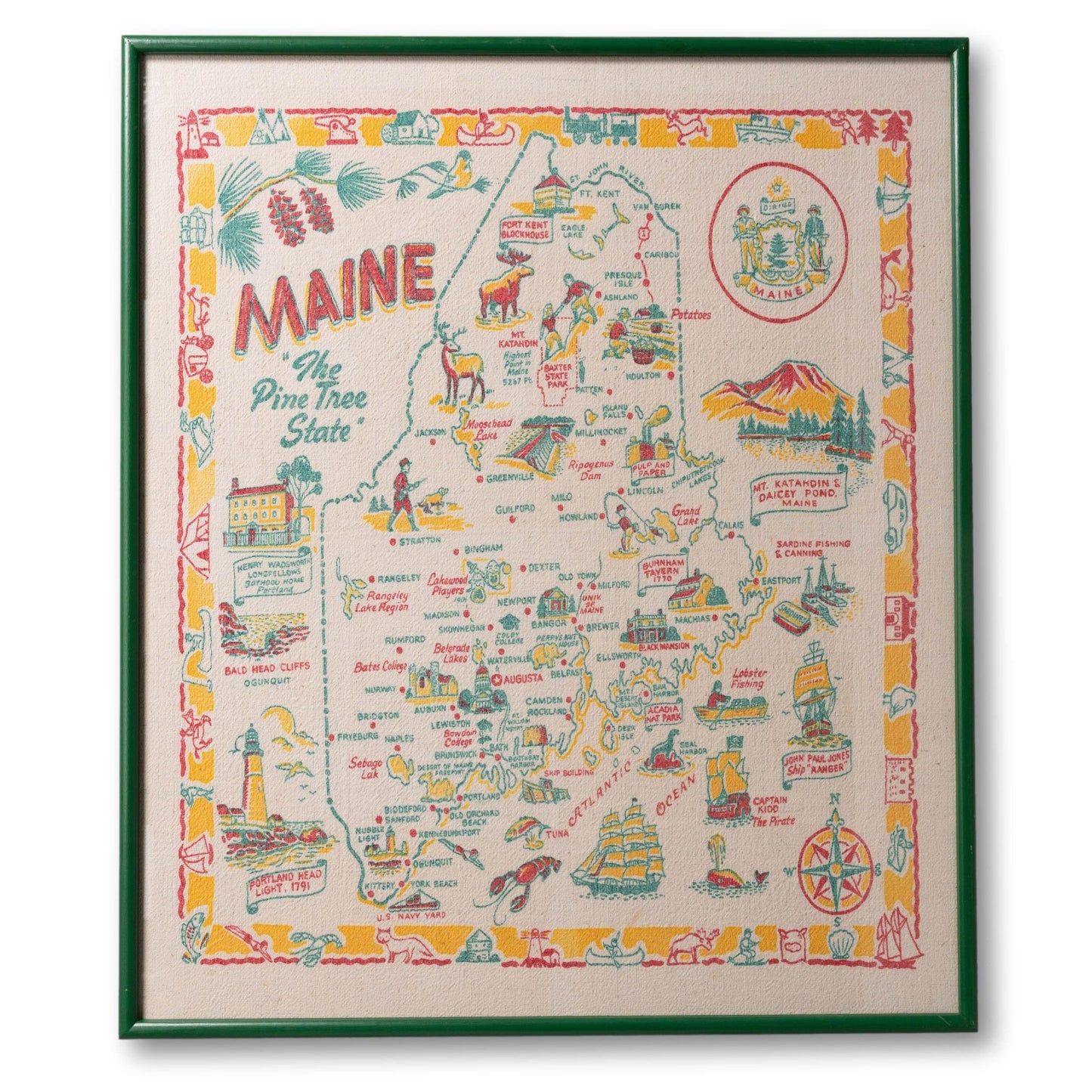 Large Framed Maine Map Tea Towel