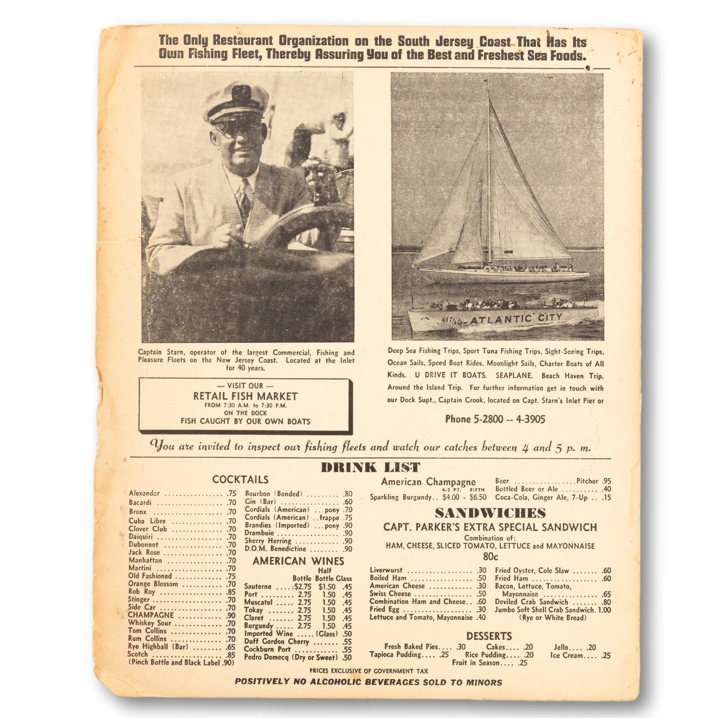 1950's Atlantic City Seafood Menu