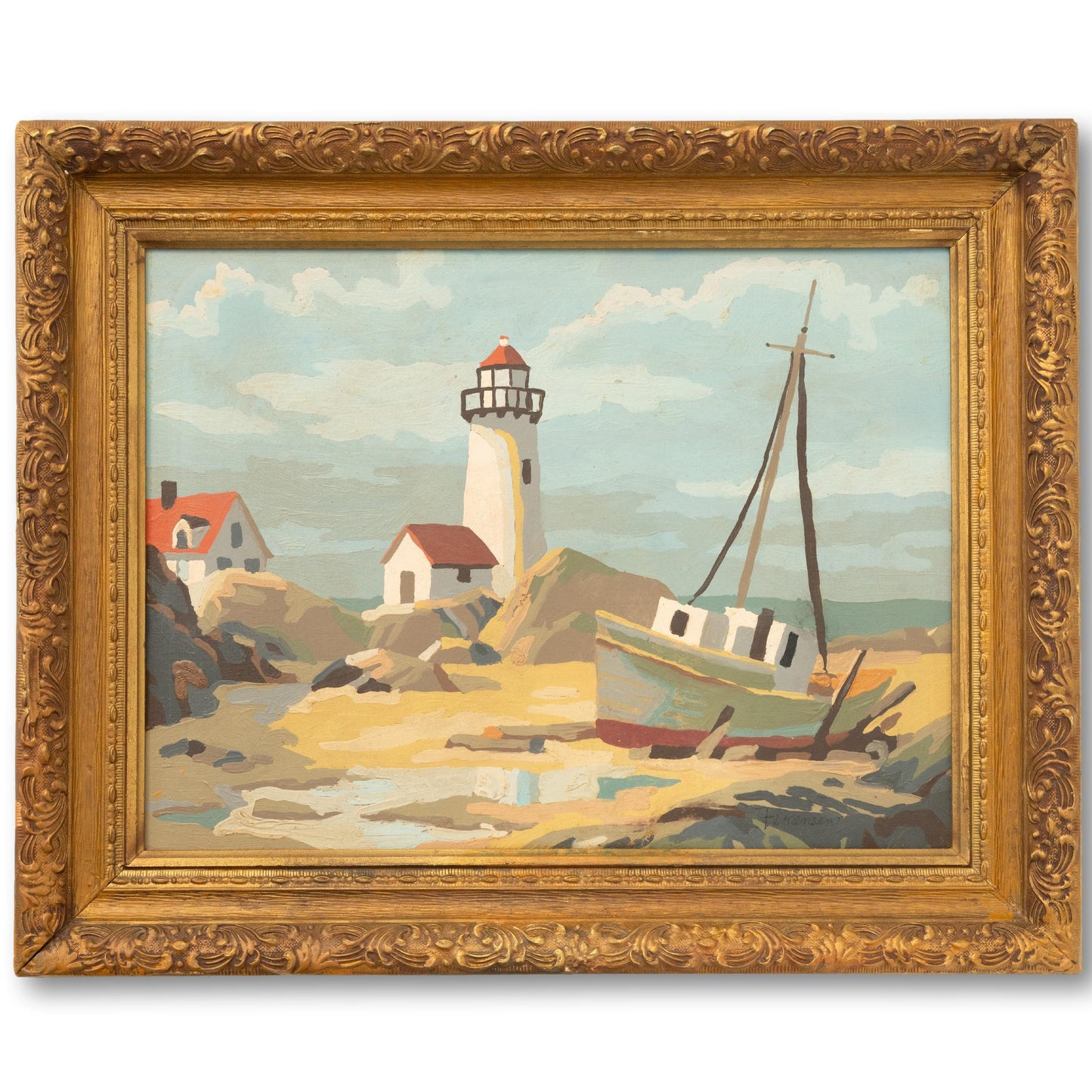 Signed Lighthouse & Boat Oil Painting