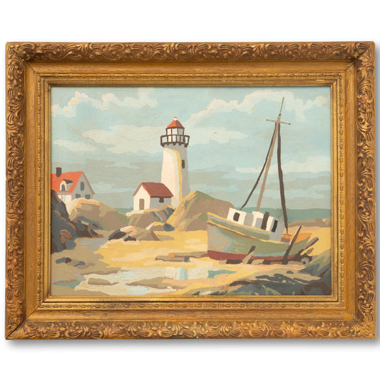 Signed Lighthouse & Boat Oil Painting