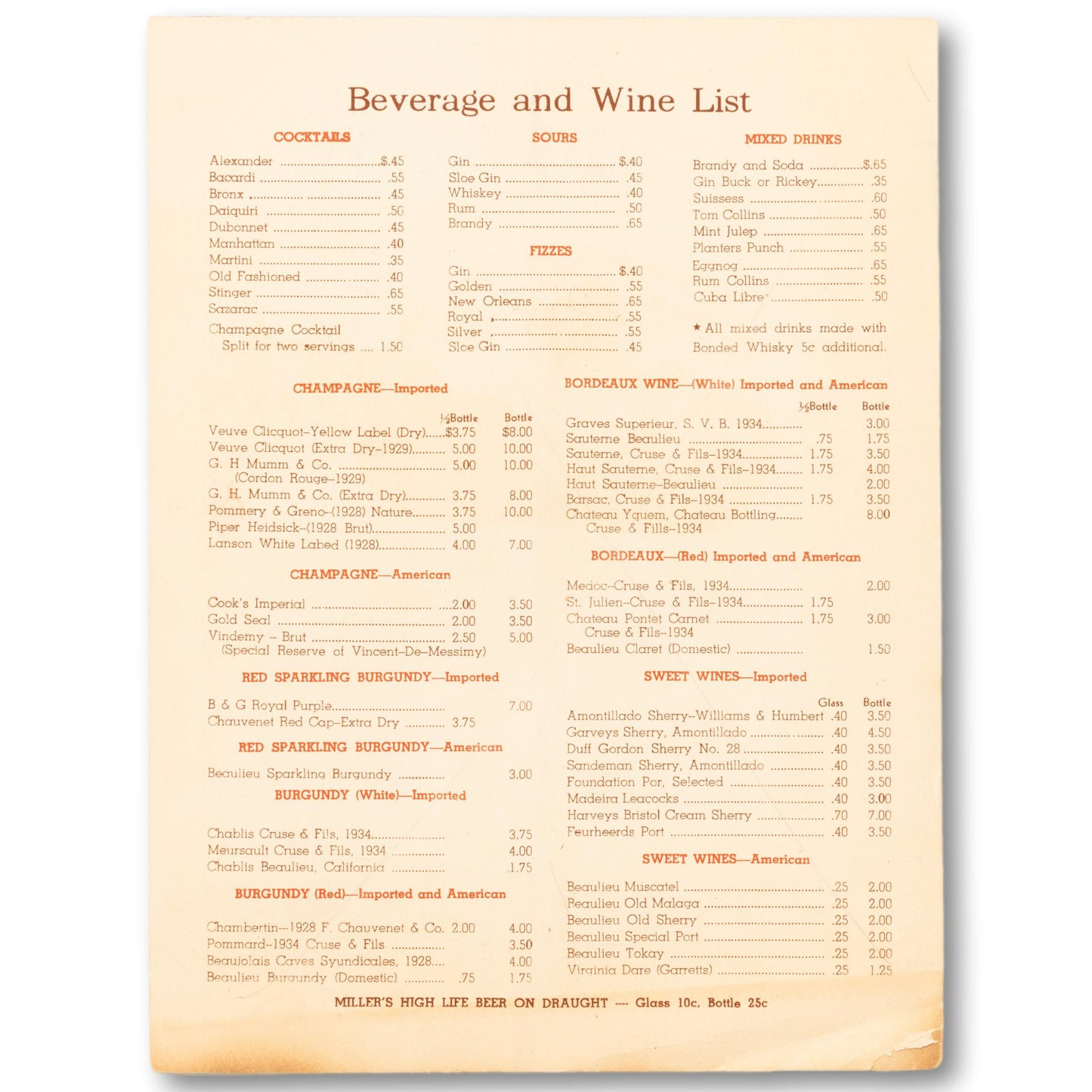 1940's Boston Oyster House Menu