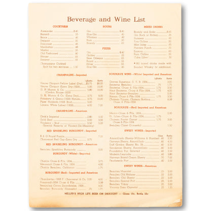 1940's Boston Oyster House Menu