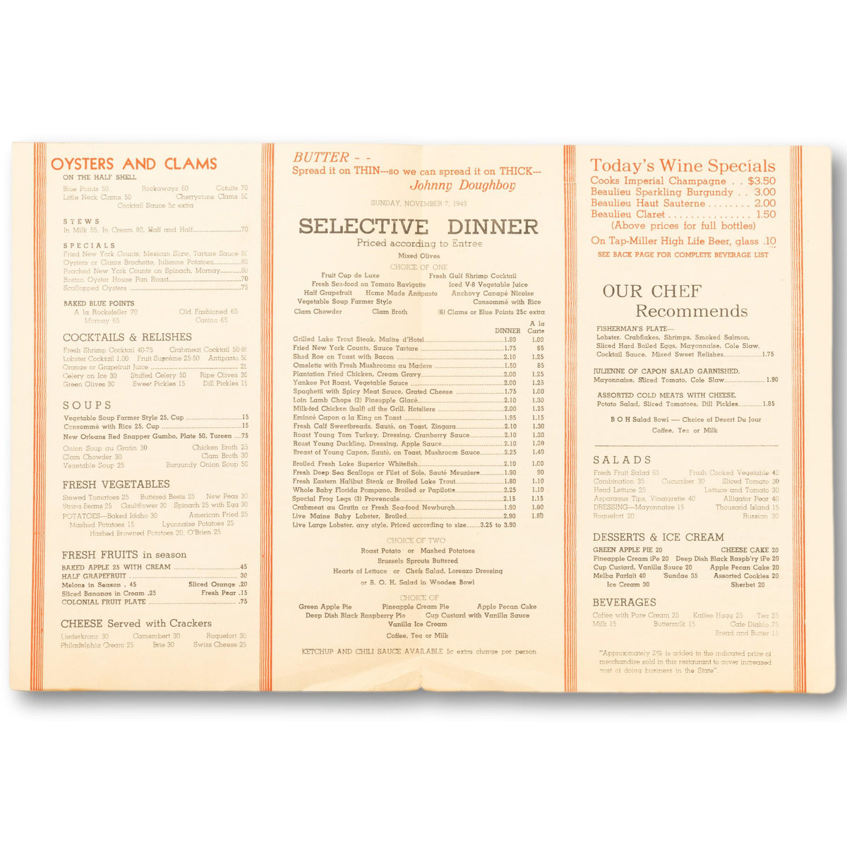 1940's Boston Oyster House Menu