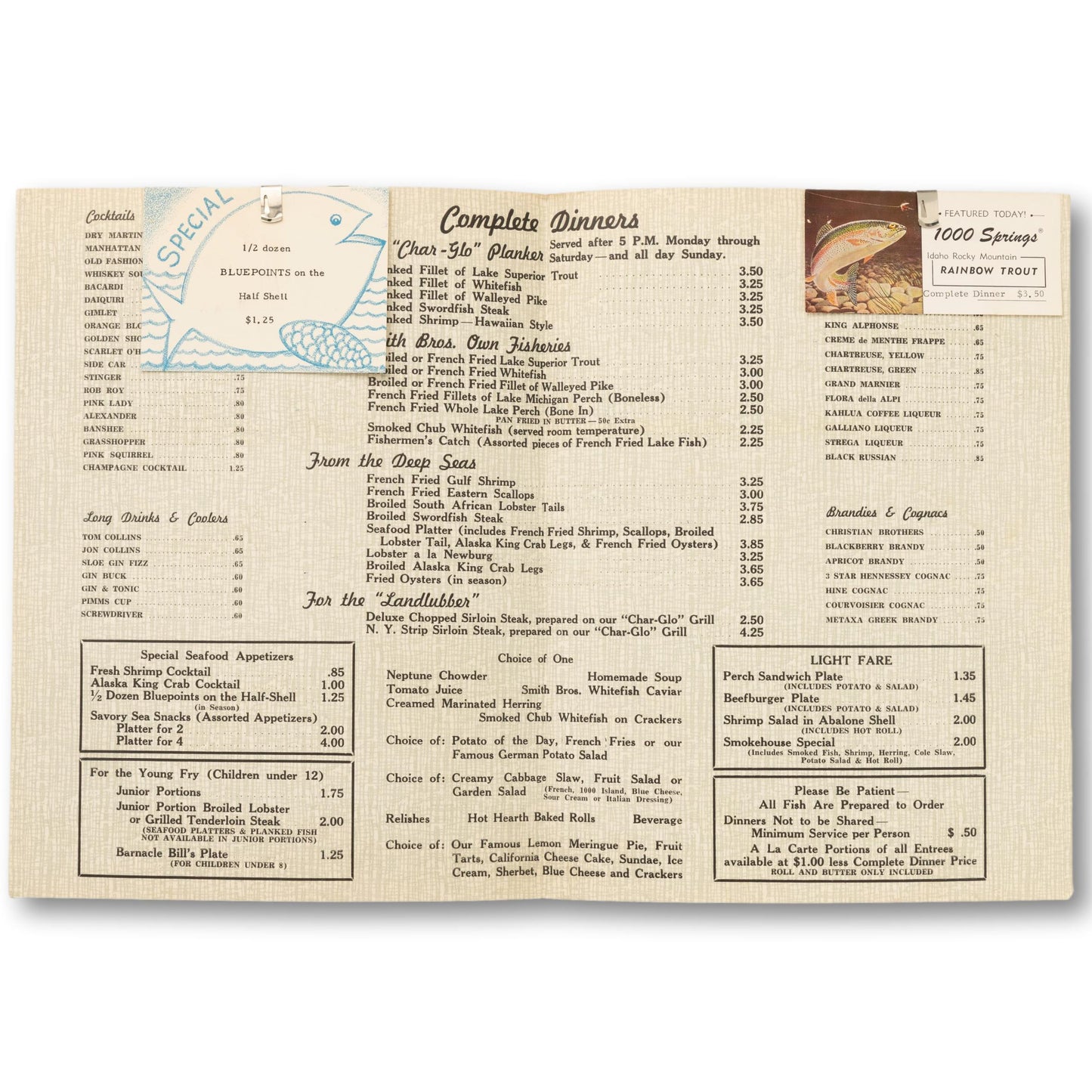 Smith Bros. Fish Shanty Menu