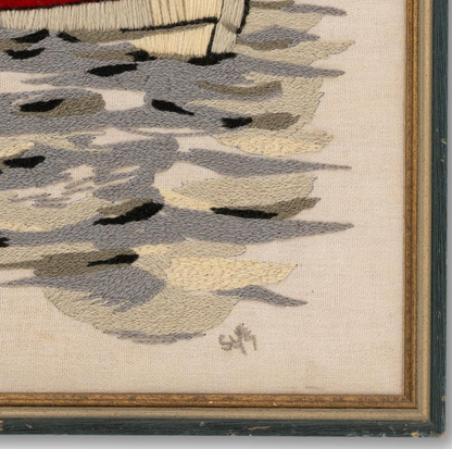 Large Needlework of Fisherman in Rowboat
