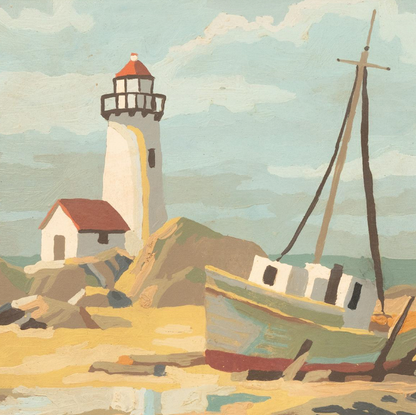 Signed Lighthouse & Boat Oil Painting