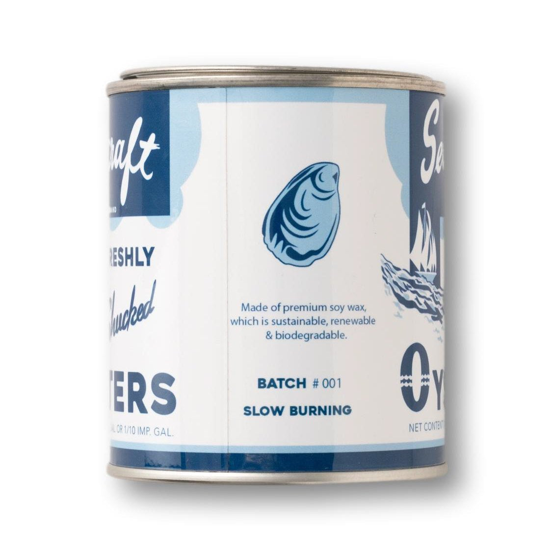 Seacraft "Maine Pine" Oyster Tin Candle, Blue & White