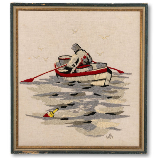 Large Needlework of Fisherman in Rowboat