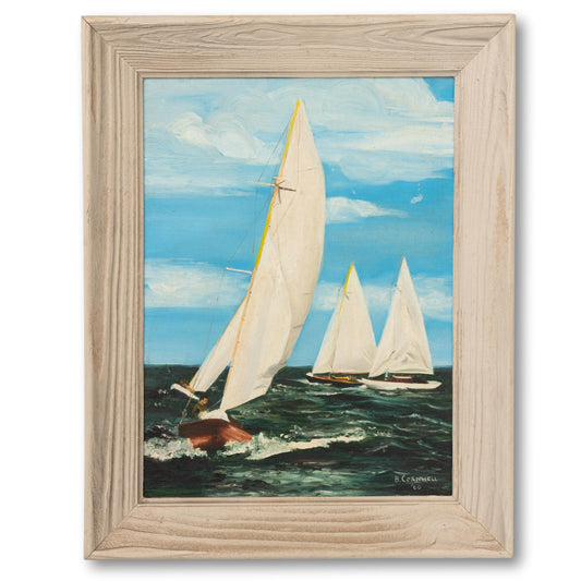 Sailboats Oil in White Frame